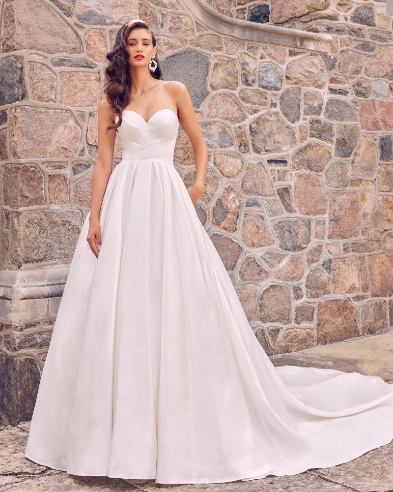 La22115 off the shoulder ball gown wedding dress with classic satin design4